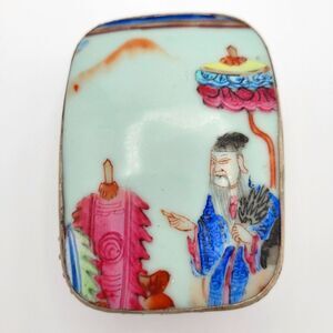 Vintage Metal and Porcelain trinket box with hand painted Asian Japanese scene
